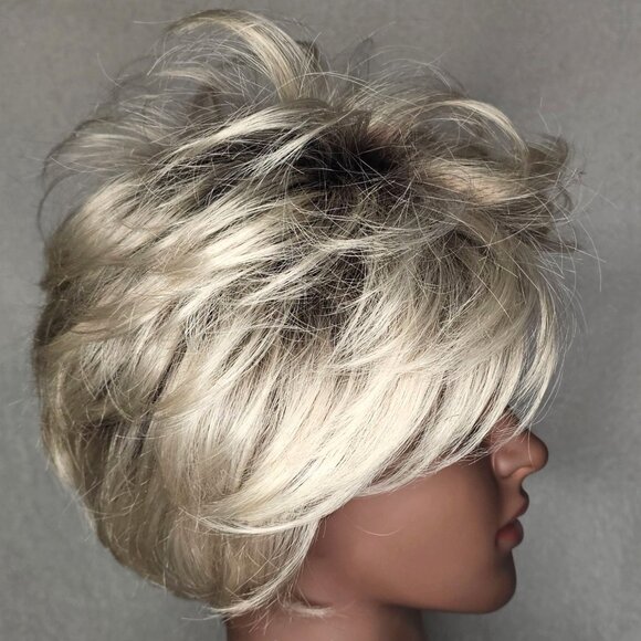 Wigyy Silver Grey Short Pixie Synthetic Wig Bangs Daily Wear Heat Resistant - Picture 5 of 7